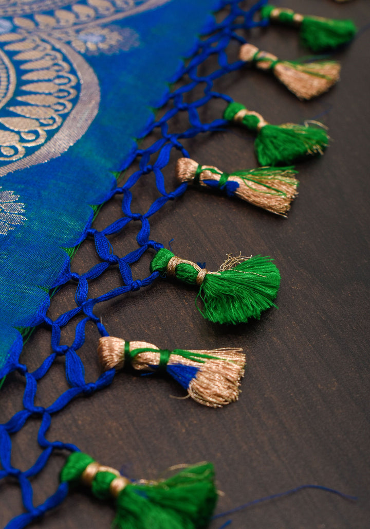 Peacock Blue-Green Dual Tone Banarasi Katan with Three tone Zari Stripes | SILK MARK CERTIFIED