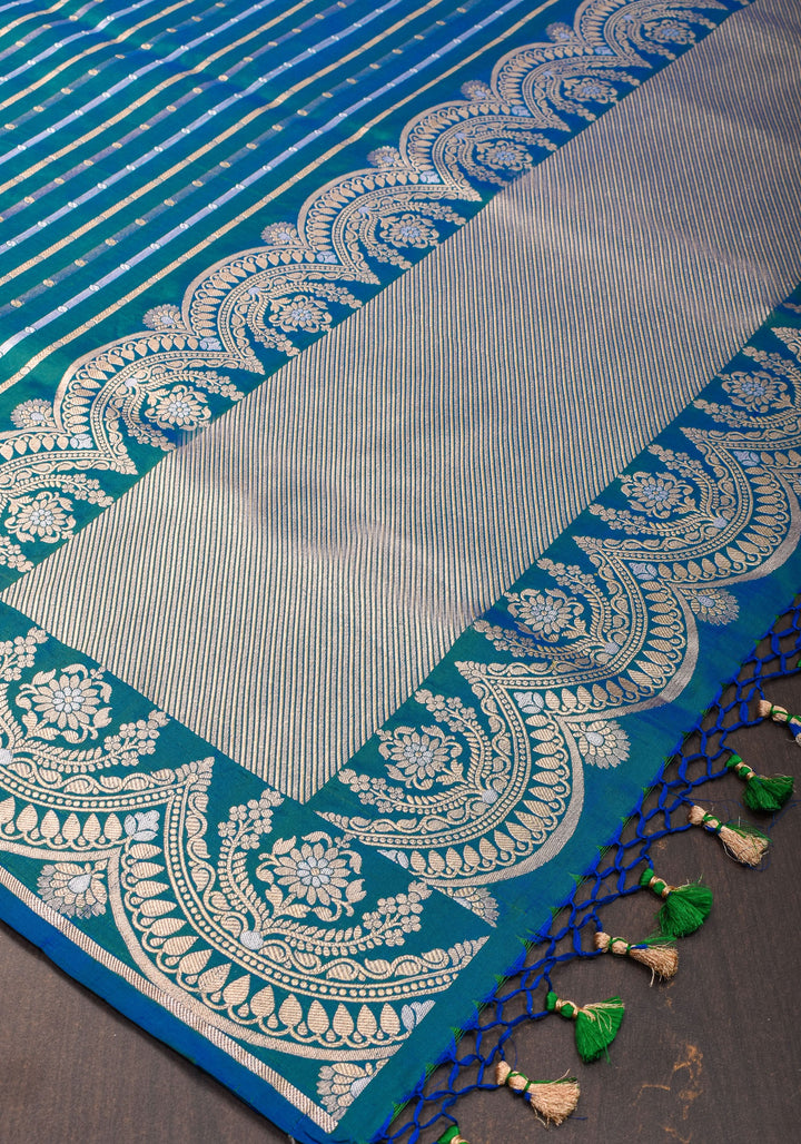 Peacock Blue-Green Dual Tone Banarasi Katan with Three tone Zari Stripes | SILK MARK CERTIFIED