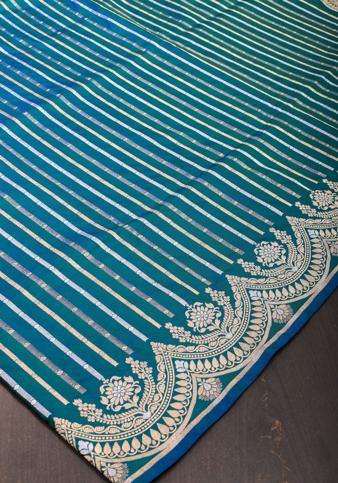 Peacock Blue-Green Dual Tone Banarasi Katan with Three tone Zari Stripes | SILK MARK CERTIFIED