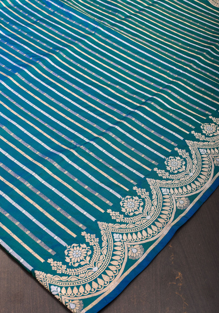 Peacock Blue-Green Dual Tone Banarasi Katan with Three tone Zari Stripes | SILK MARK CERTIFIED