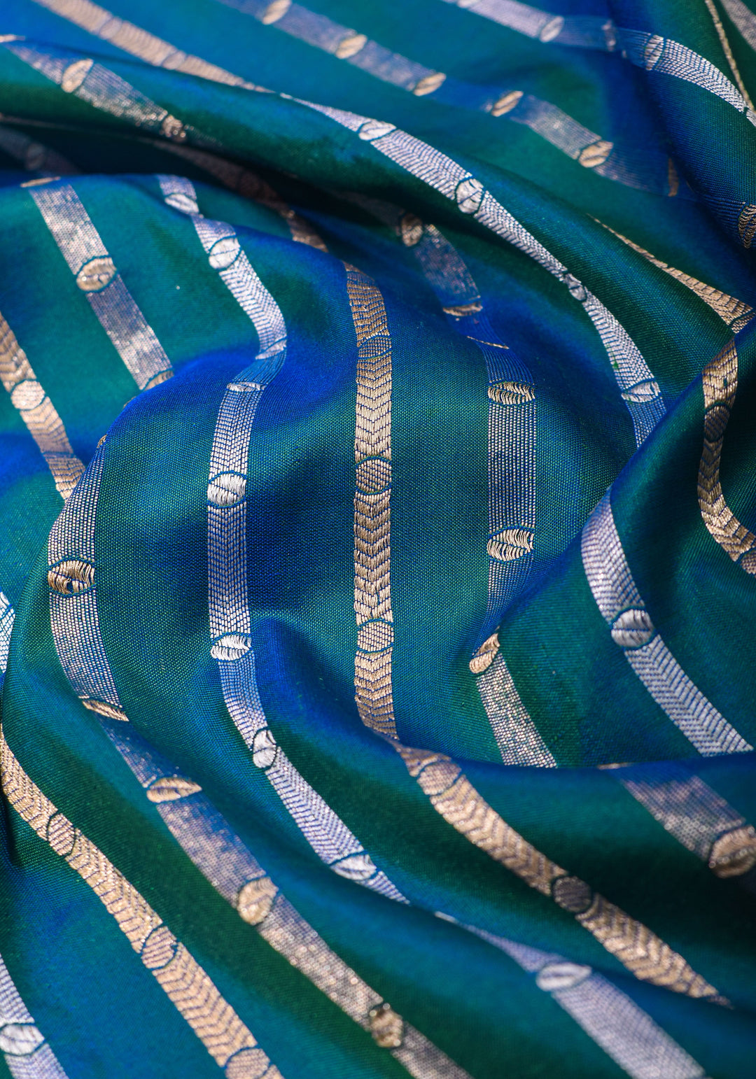 Peacock Blue-Green Dual Tone Banarasi Katan with Three tone Zari Stripes | SILK MARK CERTIFIED