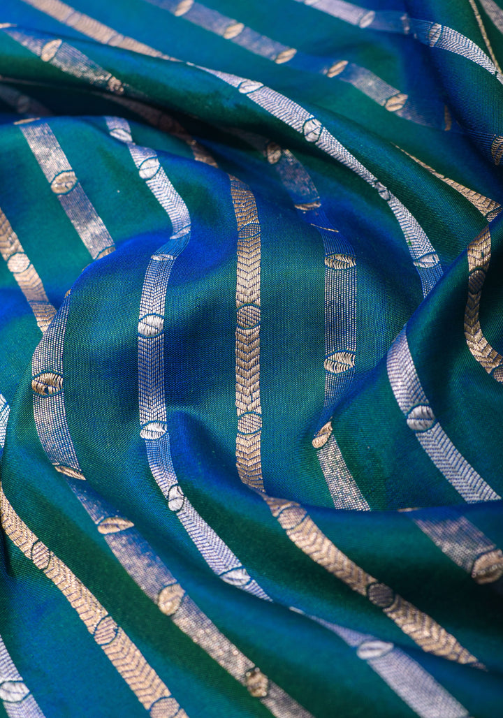 Peacock Blue-Green Dual Tone Banarasi Katan with Three tone Zari Stripes | SILK MARK CERTIFIED