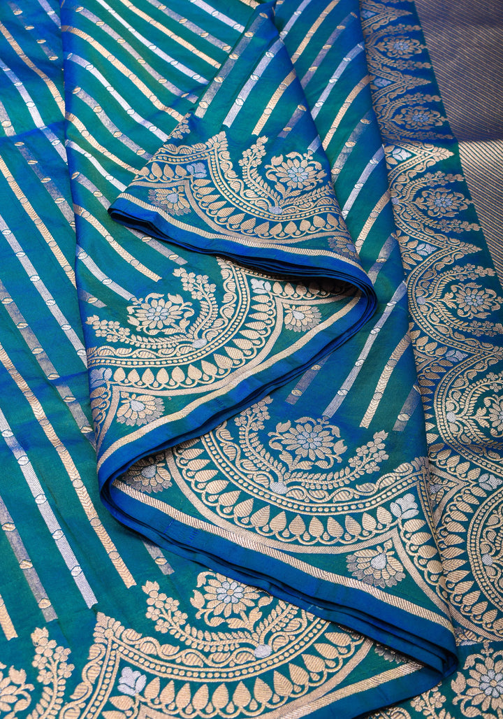 Peacock Blue-Green Dual Tone Banarasi Katan with Three tone Zari Stripes | SILK MARK CERTIFIED
