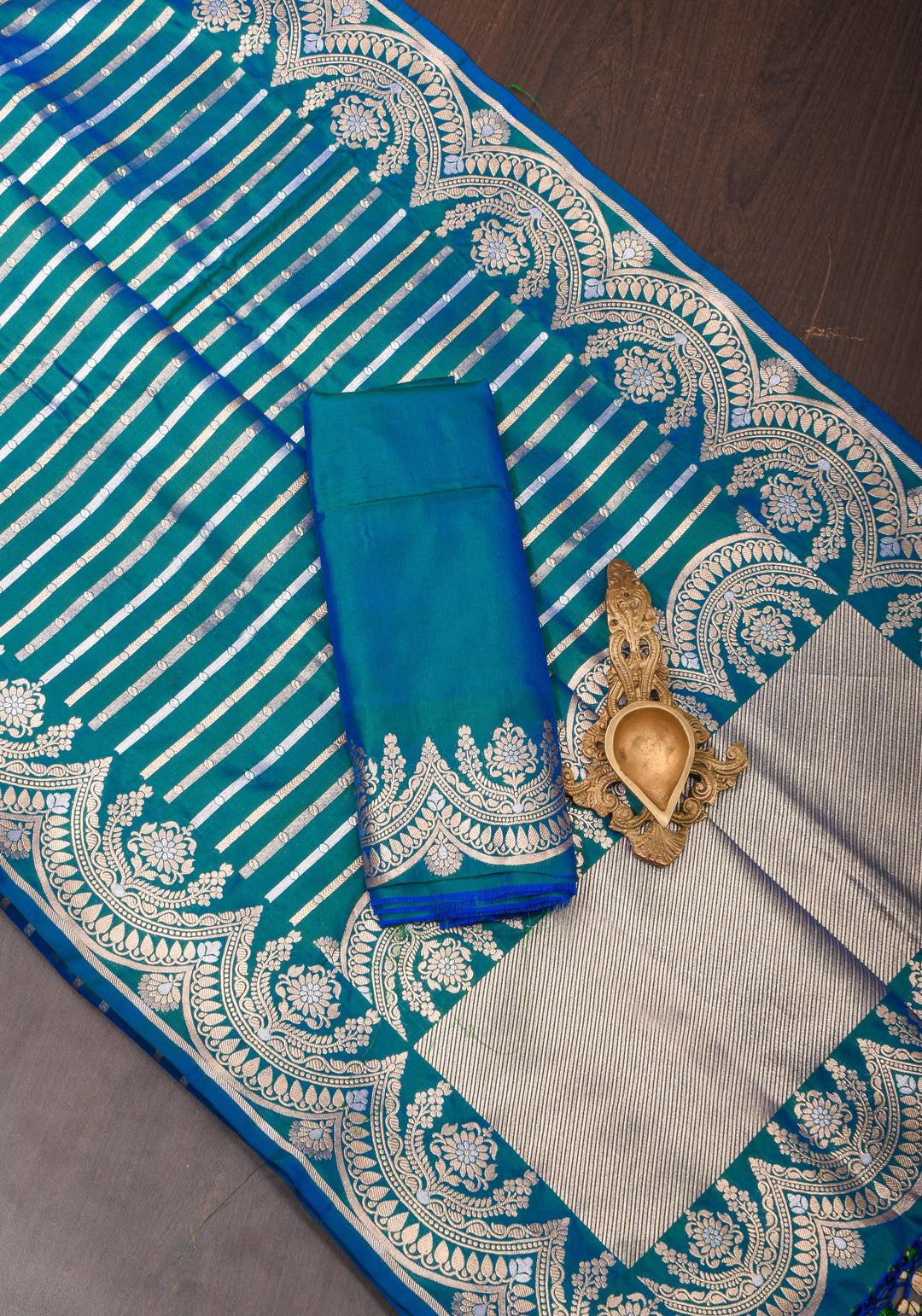 Peacock Blue-Green Dual Tone Banarasi Katan with Three tone Zari Stripes | SILK MARK CERTIFIED