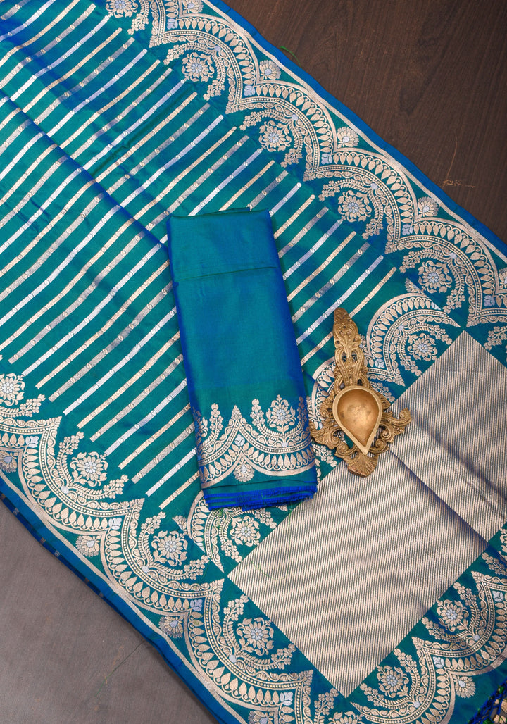 Peacock Blue-Green Dual Tone Banarasi Katan with Three tone Zari Stripes | SILK MARK CERTIFIED