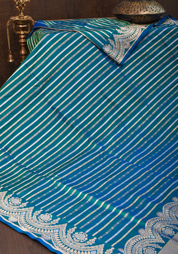 Peacock Blue-Green Dual Tone Banarasi Katan with Three tone Zari Stripes | SILK MARK CERTIFIED