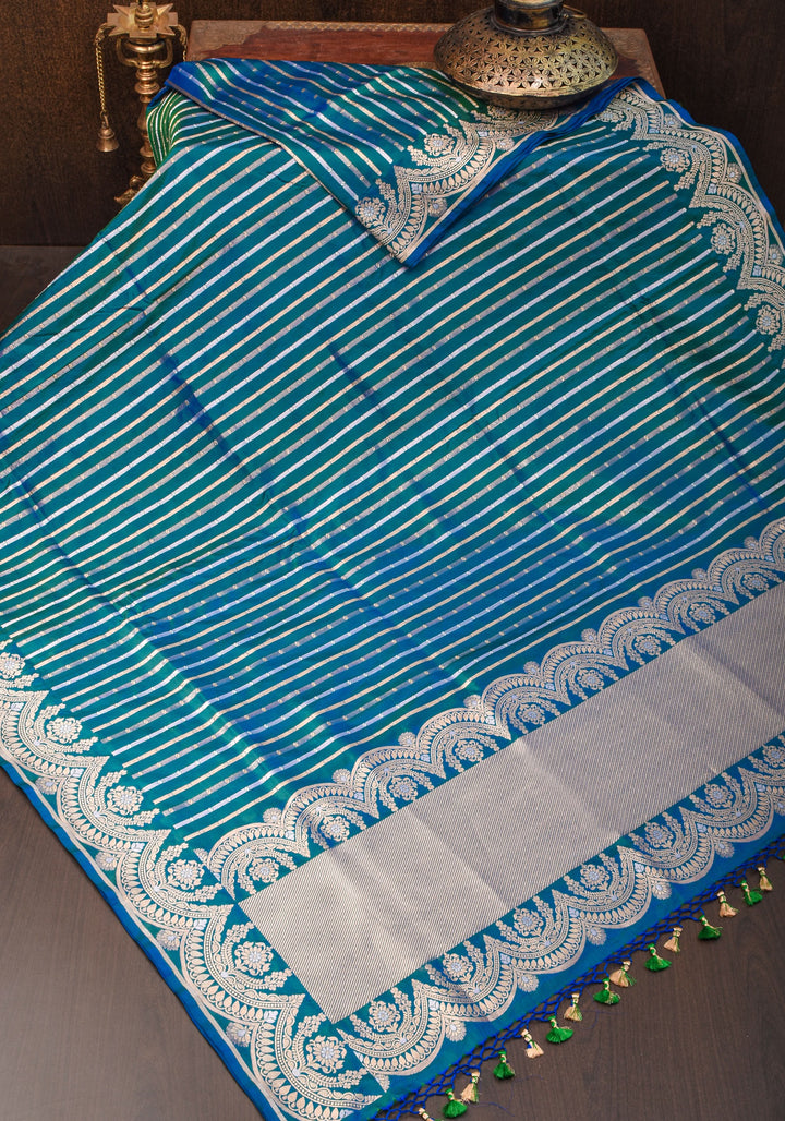 Peacock Blue-Green Dual Tone Banarasi Katan with Three tone Zari Stripes | SILK MARK CERTIFIED