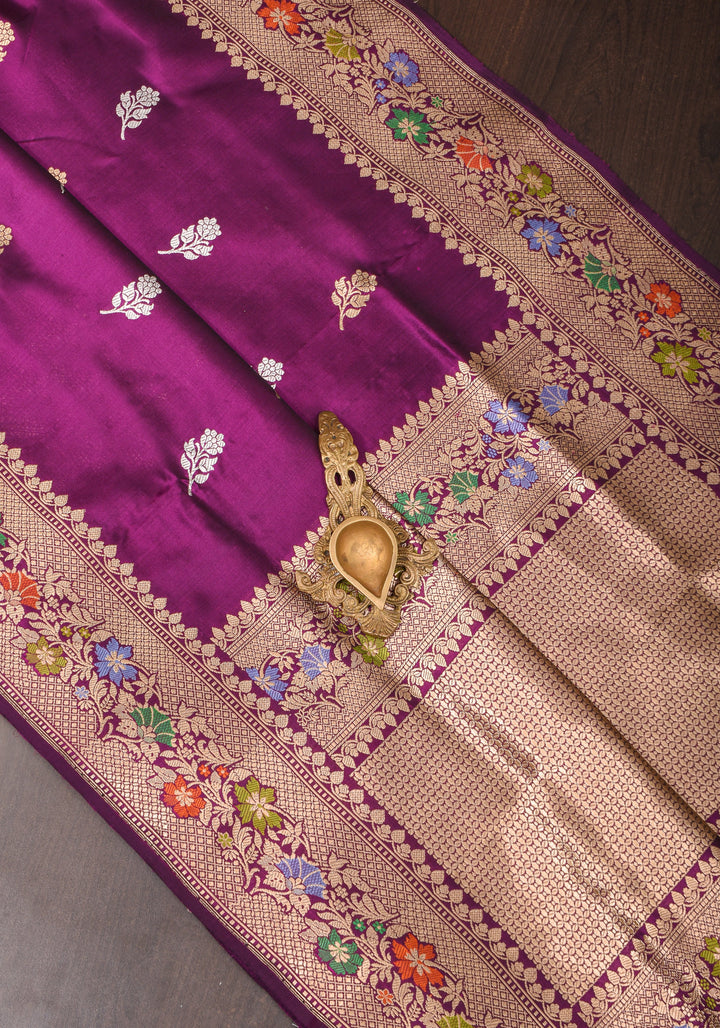 Purple Banarasi Katan Silk Saree with Sona Rupa Floral Motifs and Meenakari Border | SILK MARK CERTIFIED