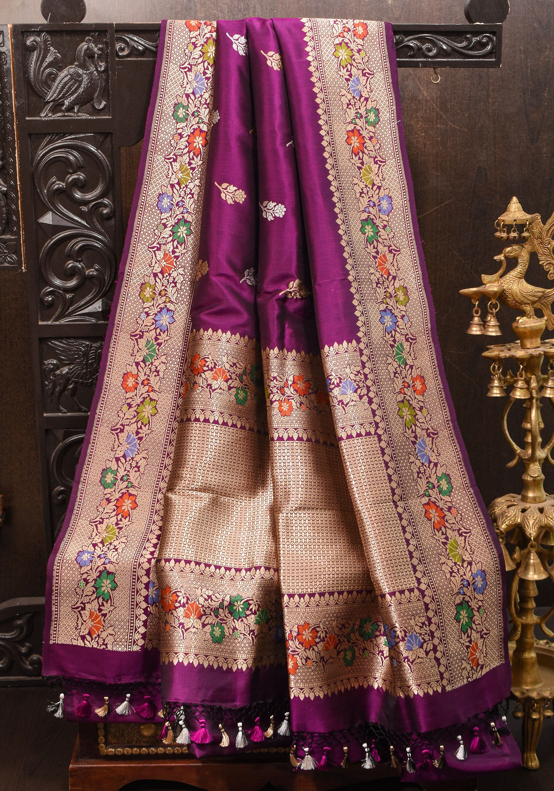 Purple Banarasi Katan Silk Saree with Sona Rupa Floral Motifs and Meenakari Border | SILK MARK CERTIFIED