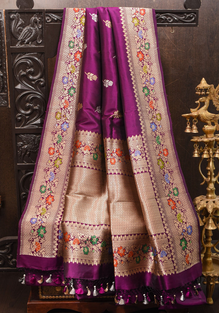 Purple Banarasi Katan Silk Saree with Sona Rupa Floral Motifs and Meenakari Border | SILK MARK CERTIFIED