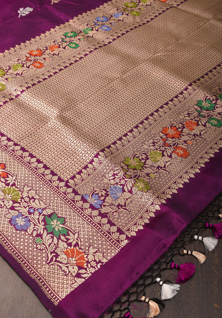 Purple Banarasi Katan Silk Saree with Sona Rupa Floral Motifs and Meenakari Border | SILK MARK CERTIFIED