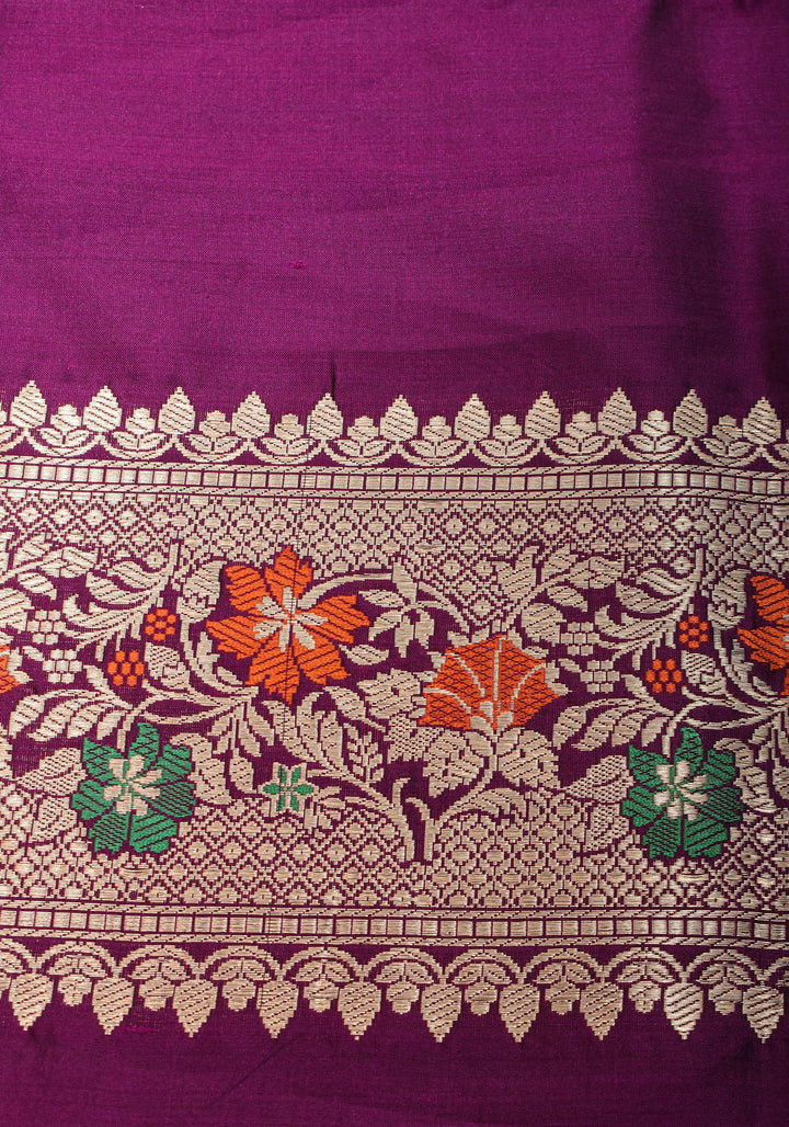 Purple Banarasi Katan Silk Saree with Sona Rupa Floral Motifs and Meenakari Border | SILK MARK CERTIFIED