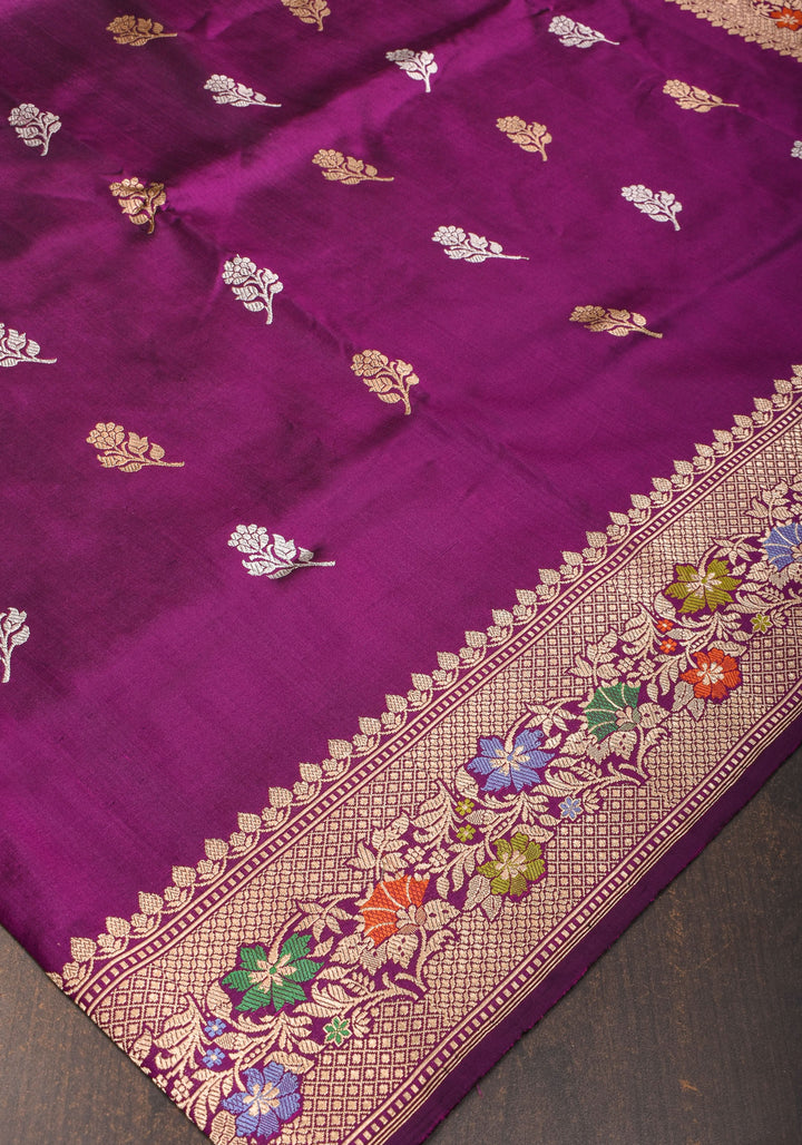 Purple Banarasi Katan Silk Saree with Sona Rupa Floral Motifs and Meenakari Border | SILK MARK CERTIFIED