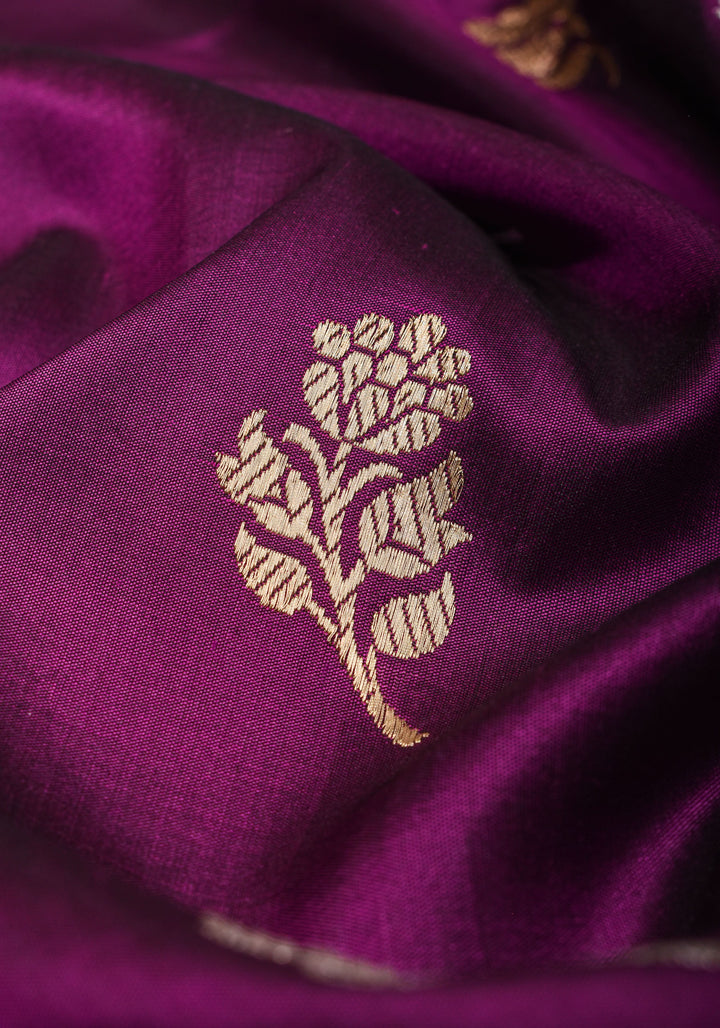 Purple Banarasi Katan Silk Saree with Sona Rupa Floral Motifs and Meenakari Border | SILK MARK CERTIFIED