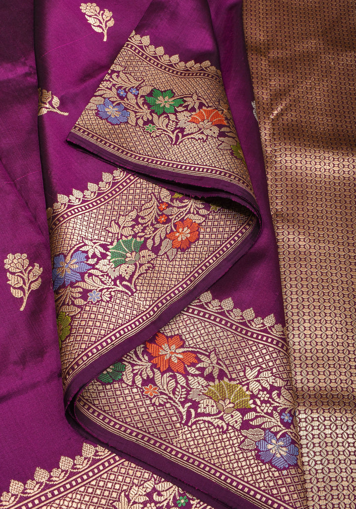Purple Banarasi Katan Silk Saree with Sona Rupa Floral Motifs and Meenakari Border | SILK MARK CERTIFIED