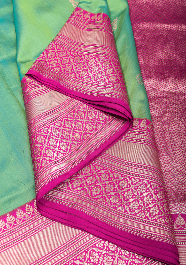 Sea Green Kora kadhiyail Pure Banarasi Katan Silk Saree  | SILK MARK CERTIFIED