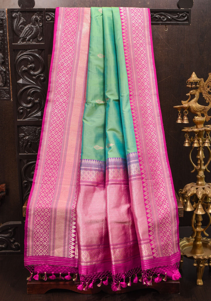 Sea Green Kora kadhiyail Pure Banarasi Katan Silk Saree  | SILK MARK CERTIFIED