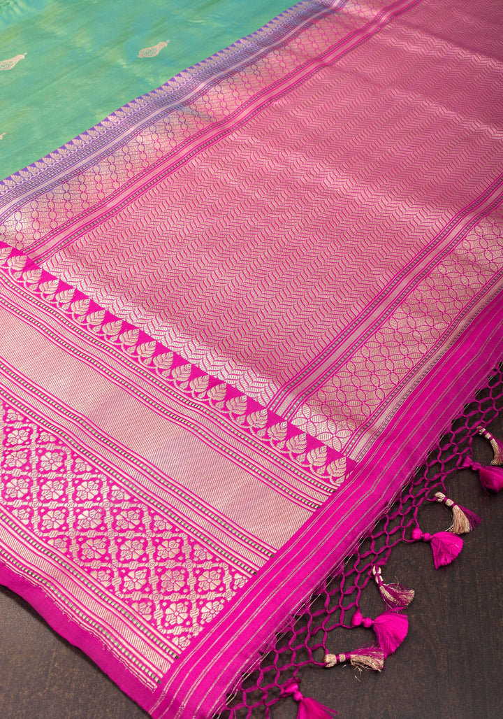 Sea Green Kora kadhiyail Pure Banarasi Katan Silk Saree  | SILK MARK CERTIFIED