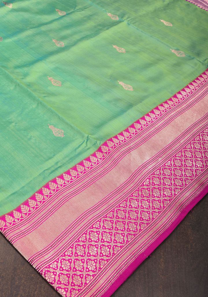 Sea Green Kora kadhiyail Pure Banarasi Katan Silk Saree  | SILK MARK CERTIFIED