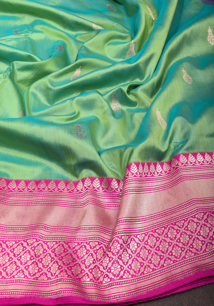 Sea Green Kora kadhiyail Pure Banarasi Katan Silk Saree  | SILK MARK CERTIFIED