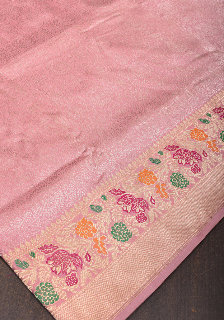 Dusty Pink Banarasi Katan Silk Saree with Brocade and Meenakari Border | SILK MARK CERTIFIED