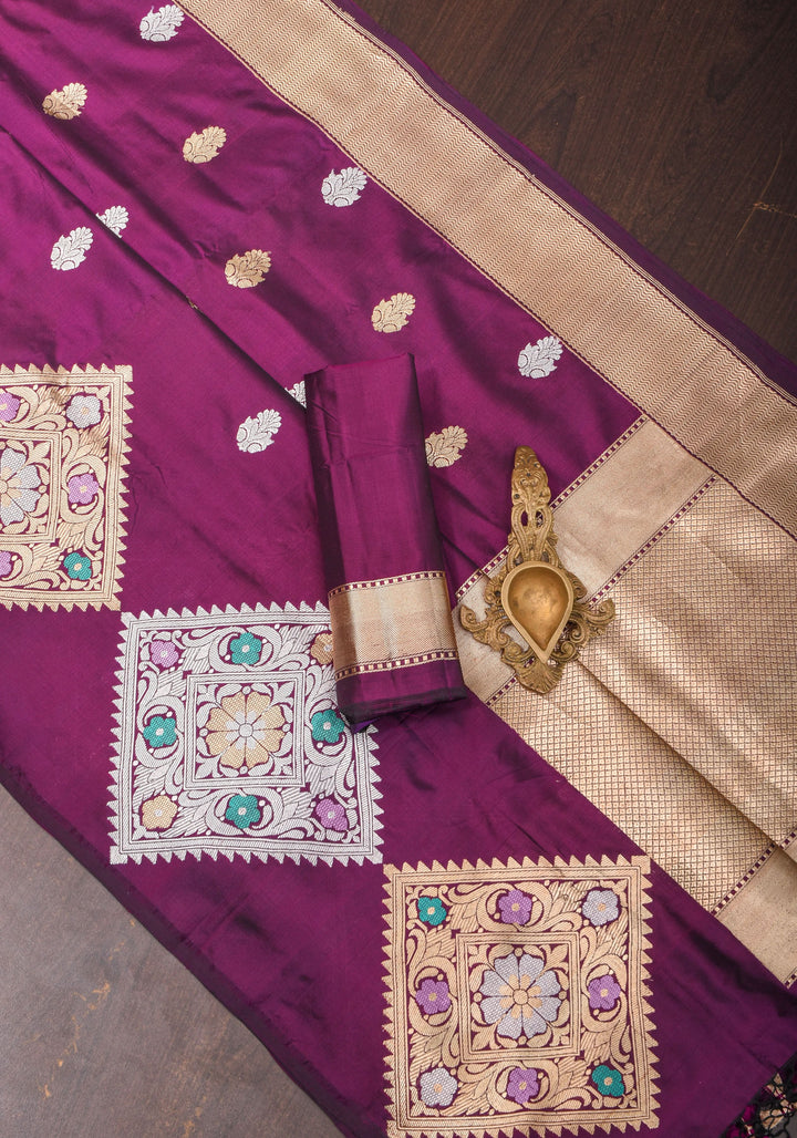 Exquisite Purple Banarasi Katan Silk Saree with Meenakari Geometric Motifs| SILK MARK CERTIFIED