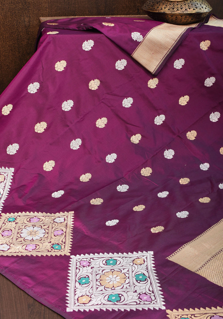 Exquisite Purple Banarasi Katan Silk Saree with Meenakari Geometric Motifs| SILK MARK CERTIFIED