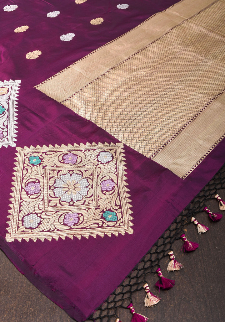 Exquisite Purple Banarasi Katan Silk Saree with Meenakari Geometric Motifs| SILK MARK CERTIFIED