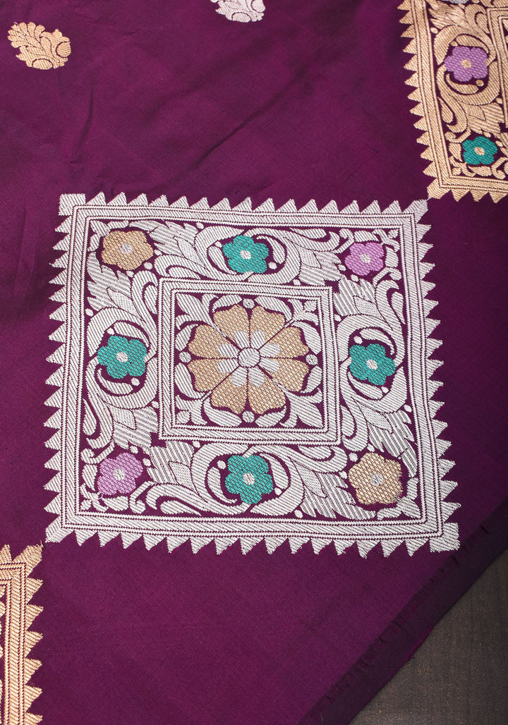 Exquisite Purple Banarasi Katan Silk Saree with Meenakari Geometric Motifs| SILK MARK CERTIFIED