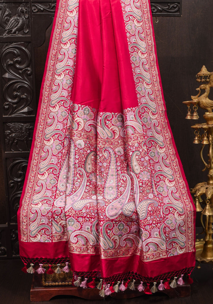 Exquisite Banarasi Silk Saree in Passion Red with Exquisite meenakari Paisly Border and Pallu  SILK MARK CERTIFIED