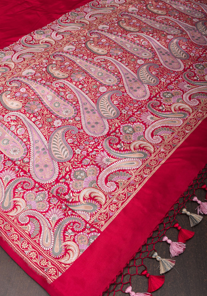 Exquisite Banarasi Silk Saree in Passion Red with Exquisite meenakari Paisly Border and Pallu  SILK MARK CERTIFIED | SHOBITAM
