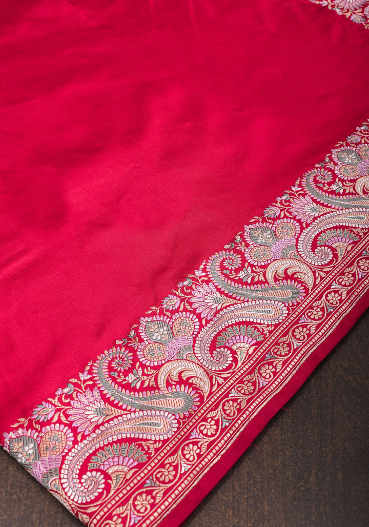 Exquisite Banarasi Silk Saree in Passion Red with Exquisite meenakari Paisly Border and Pallu  SILK MARK CERTIFIED