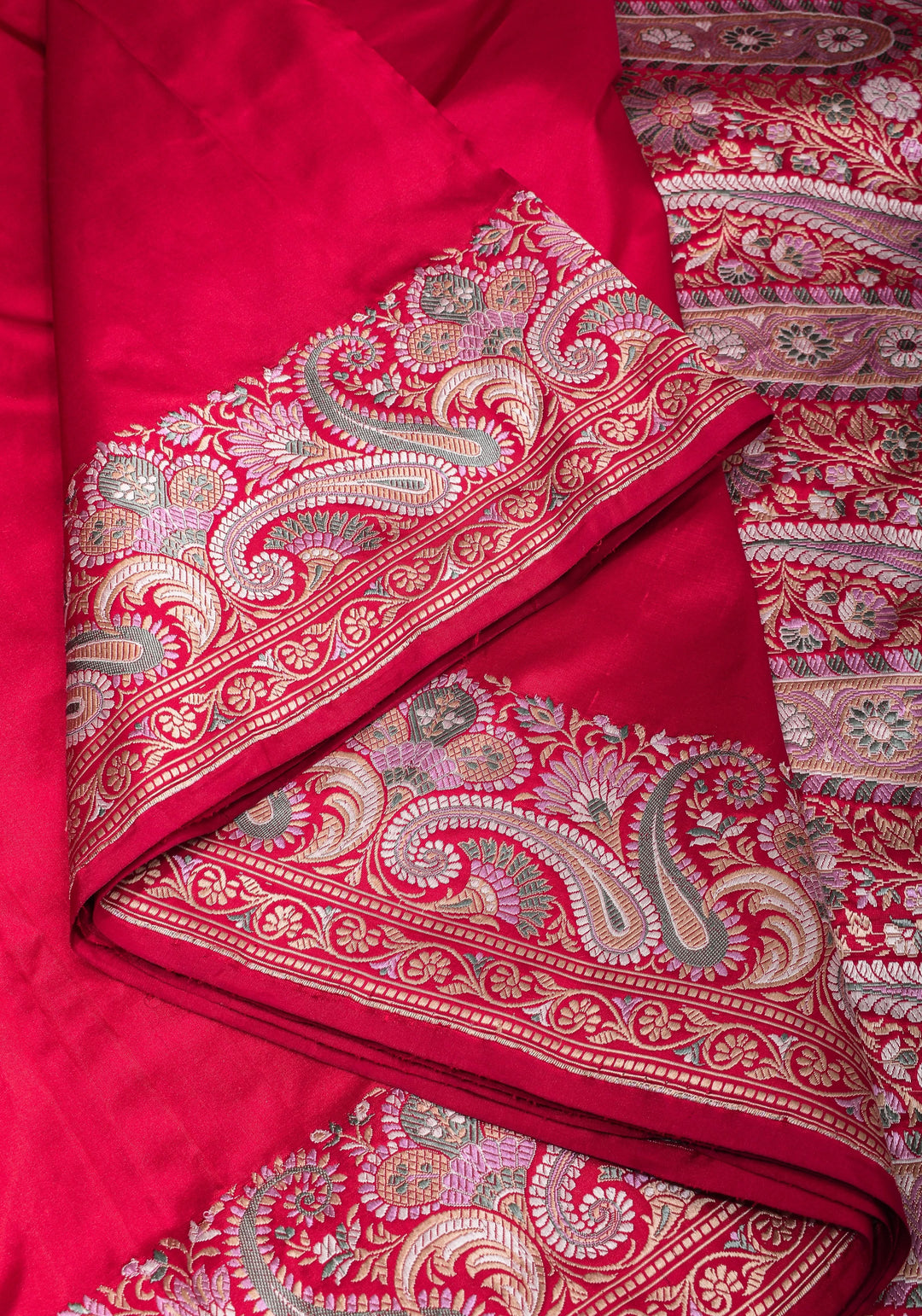 Exquisite Banarasi Silk Saree in Passion Red with Exquisite meenakari Paisly Border and Pallu  SILK MARK CERTIFIED