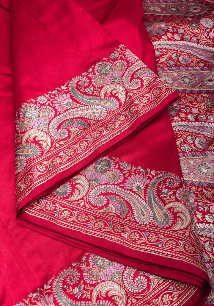 Exquisite Banarasi Silk Saree in Passion Red with Exquisite meenakari Paisly Border and Pallu  SILK MARK CERTIFIED
