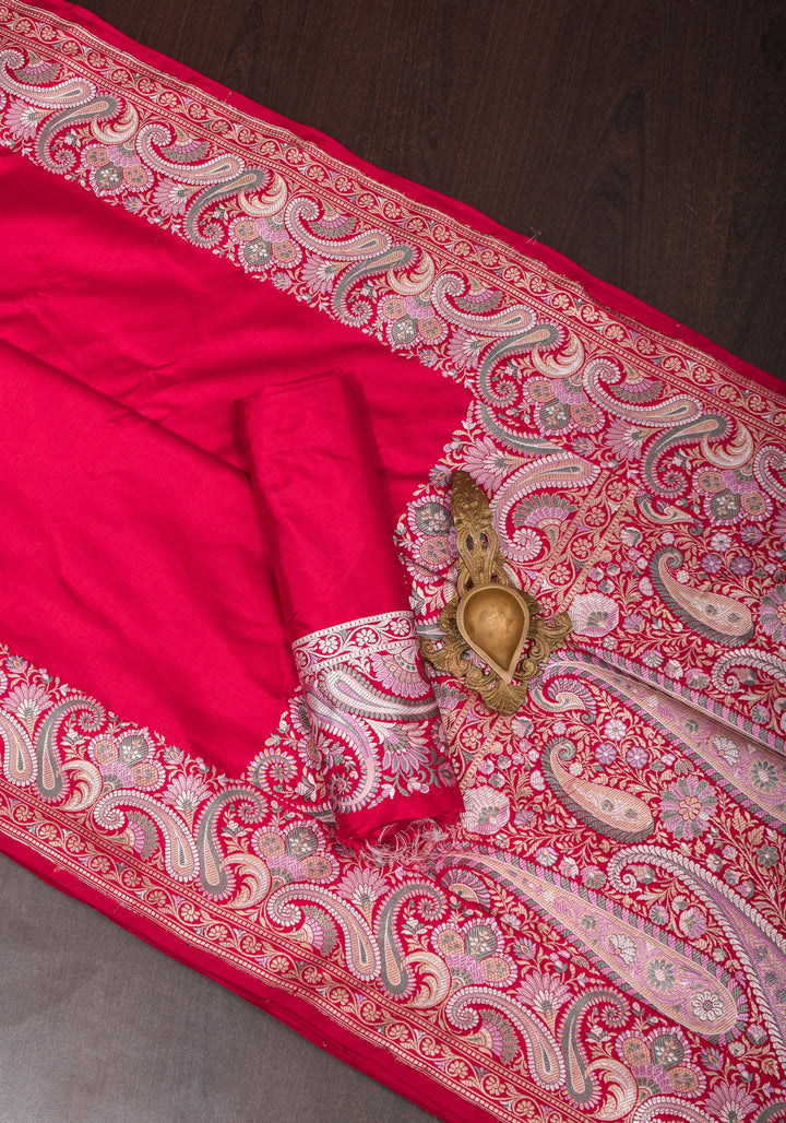 Exquisite Banarasi Silk Saree in Passion Red with Exquisite meenakari Paisly Border and Pallu  SILK MARK CERTIFIED