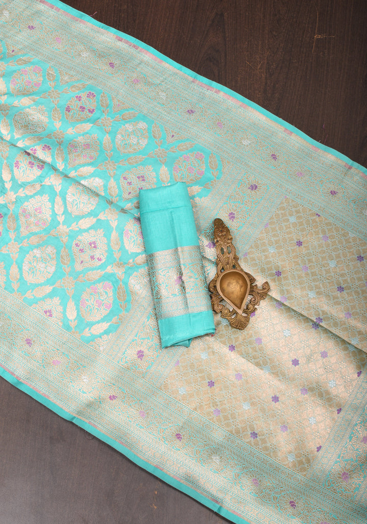 Aqua Meenakari Jaal Banarasi Pure Katan Silk Saree with Zari Border | SILK MARK CERTIFIED