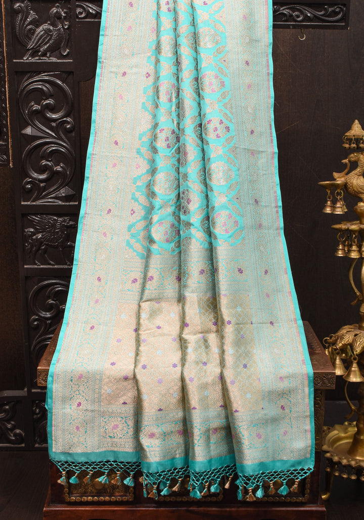 Aqua Meenakari Jaal Banarasi Pure Katan Silk Saree with Zari Border | SILK MARK CERTIFIED