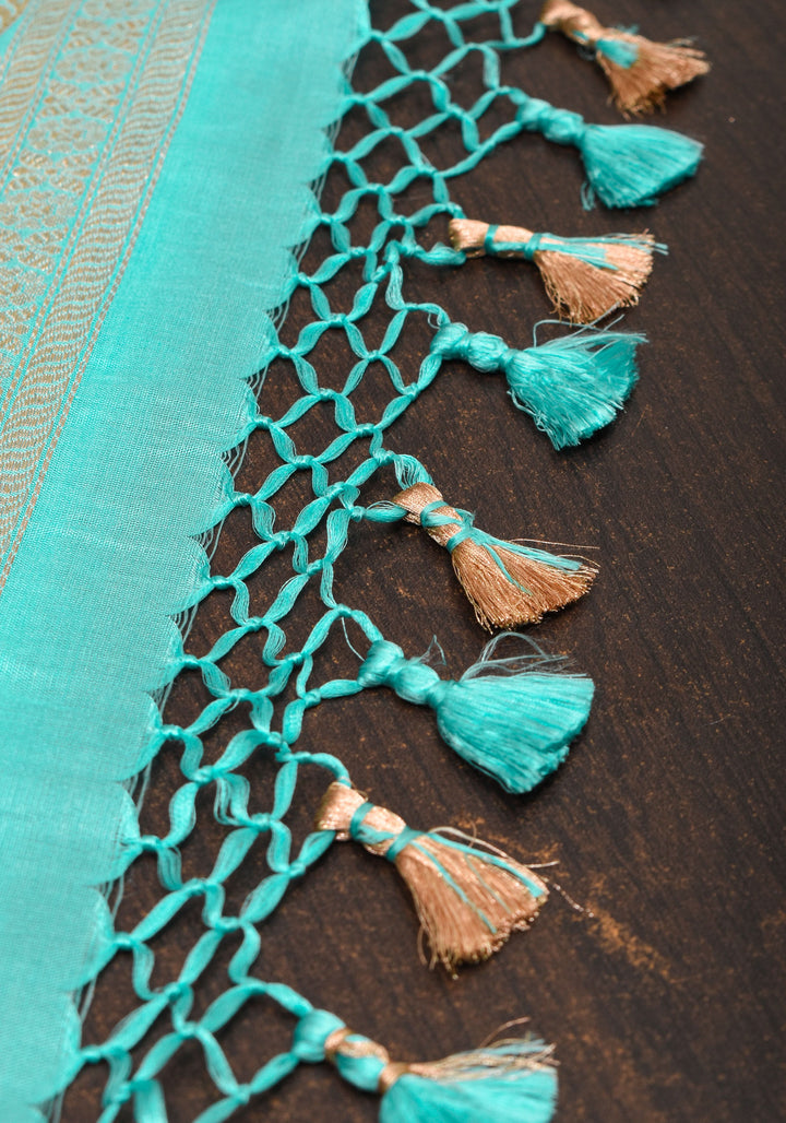 Aqua Meenakari Jaal Banarasi Pure Katan Silk Saree with Zari Border | SILK MARK CERTIFIED