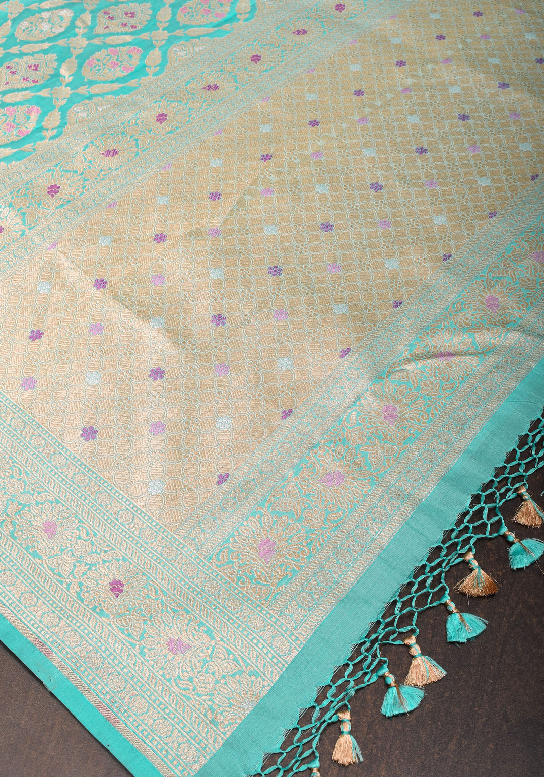 Aqua Meenakari Jaal Banarasi Pure Katan Silk Saree with Zari Border | SILK MARK CERTIFIED