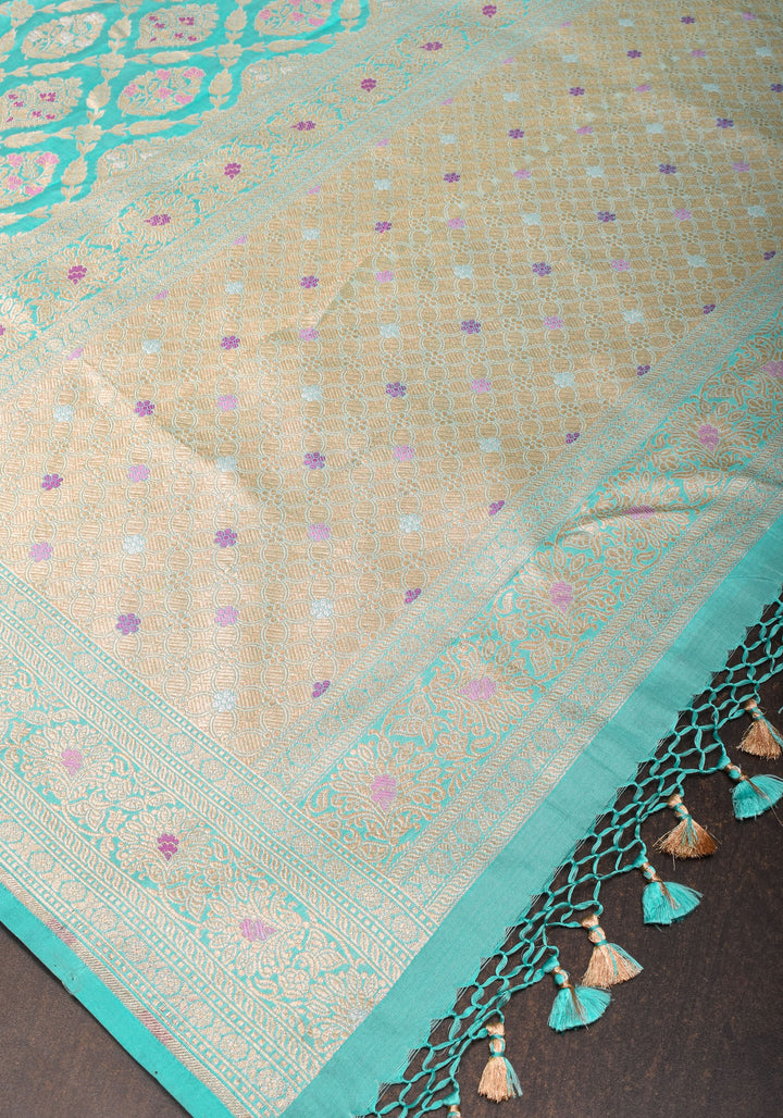 Aqua Meenakari Jaal Banarasi Pure Katan Silk Saree with Zari Border | SILK MARK CERTIFIED