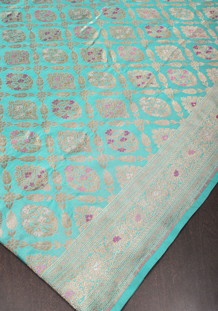 Aqua Meenakari Jaal Banarasi Pure Katan Silk Saree with Zari Border | SILK MARK CERTIFIED