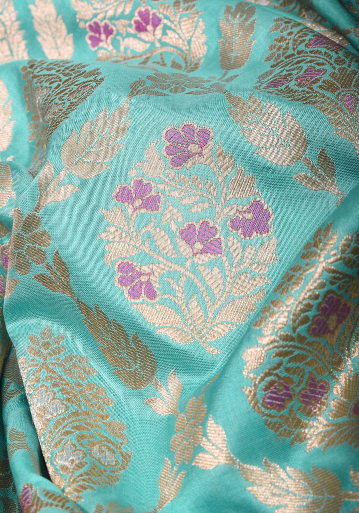 Aqua Meenakari Jaal Banarasi Pure Katan Silk Saree with Zari Border | SILK MARK CERTIFIED