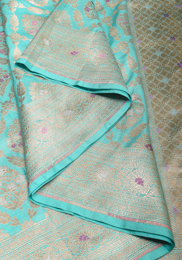Aqua Meenakari Jaal Banarasi Pure Katan Silk Saree with Zari Border | SILK MARK CERTIFIED