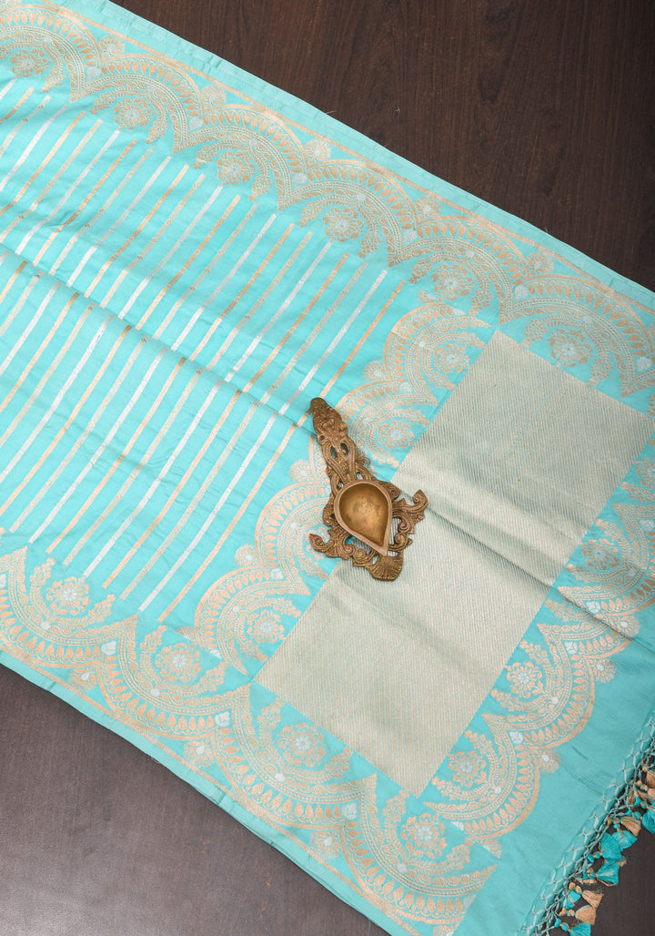 Aqua Scalloped Border Pink Banarasi Katan SIlk Saree with Sona Rupa Borders| SILK MARK CERTIFIED