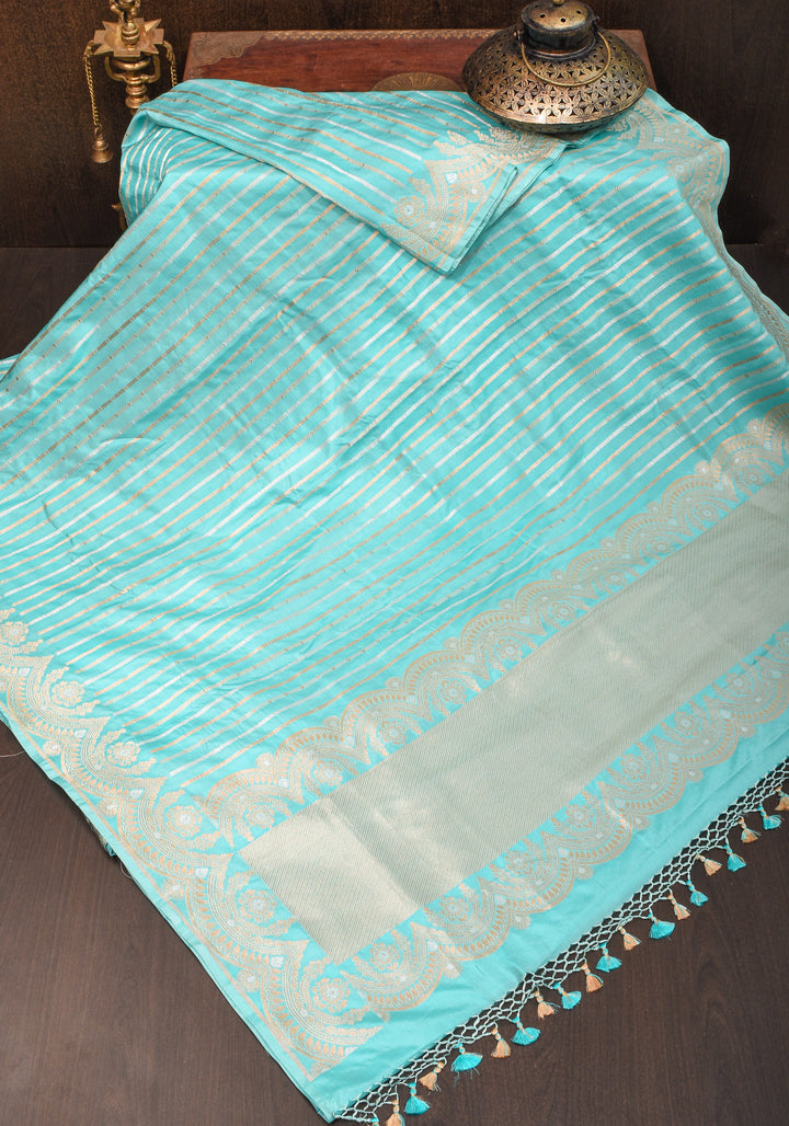 Aqua Scalloped Border Pink Banarasi Katan SIlk Saree with Sona Rupa Borders| SILK MARK CERTIFIED