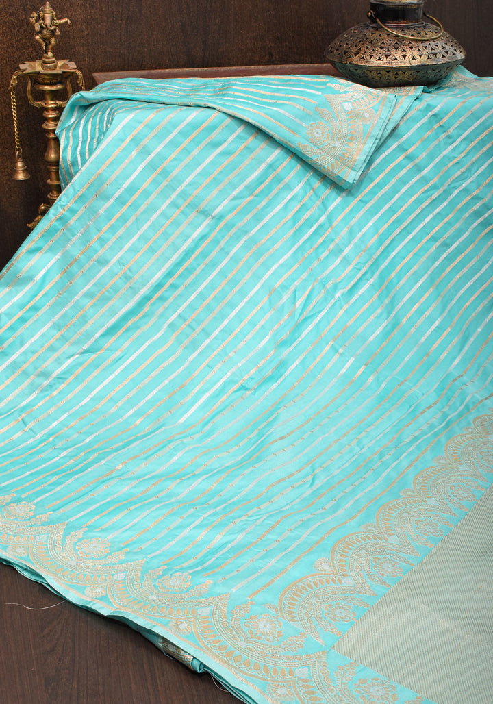Aqua Scalloped Border Pink Banarasi Katan SIlk Saree with Sona Rupa Borders| SILK MARK CERTIFIED