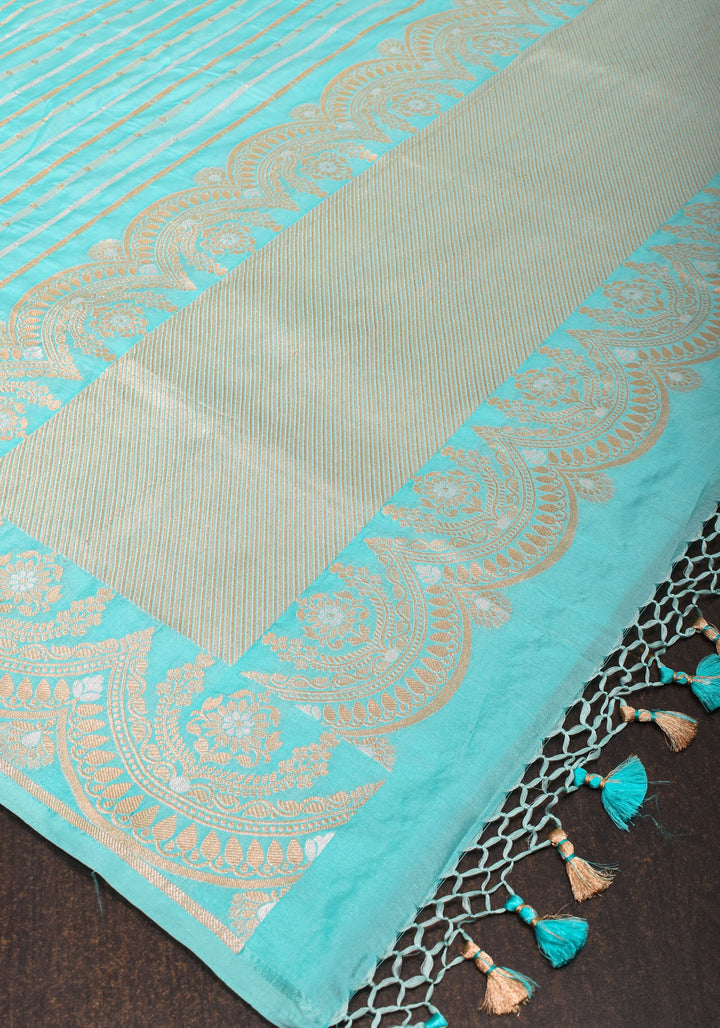Aqua Scalloped Border Pink Banarasi Katan SIlk Saree with Sona Rupa Borders| SILK MARK CERTIFIED
