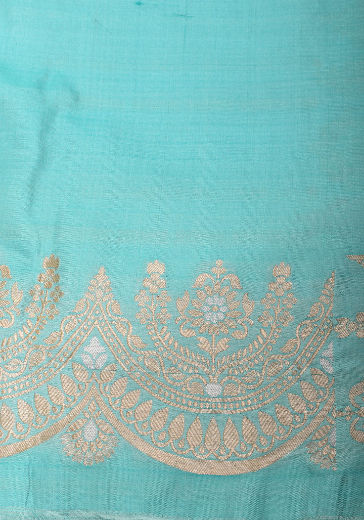 Aqua Scalloped Border Pink Banarasi Katan SIlk Saree with Sona Rupa Borders| SILK MARK CERTIFIED