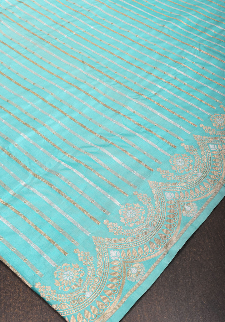 Aqua Scalloped Border Pink Banarasi Katan SIlk Saree with Sona Rupa Borders| SILK MARK CERTIFIED