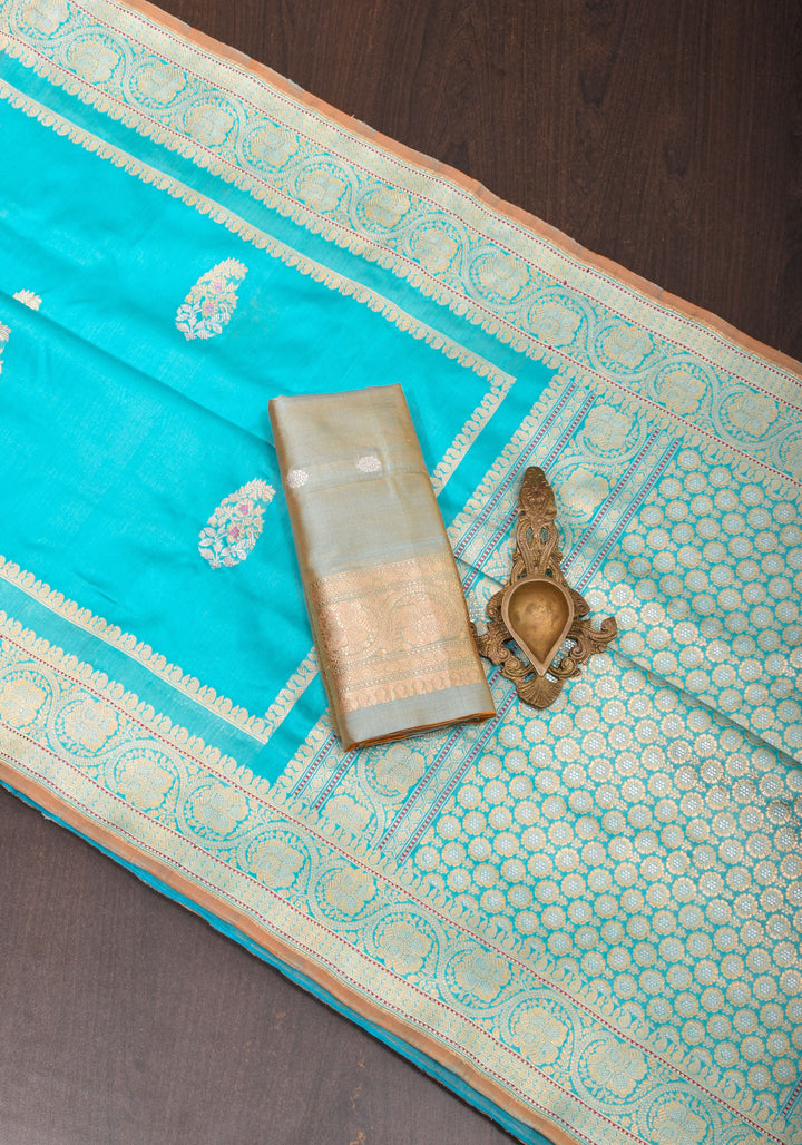 Cyan Pure Banarasi  Meenakari Katan Silk Saree with Zari Borders And Pallu | Silk Mark Certified